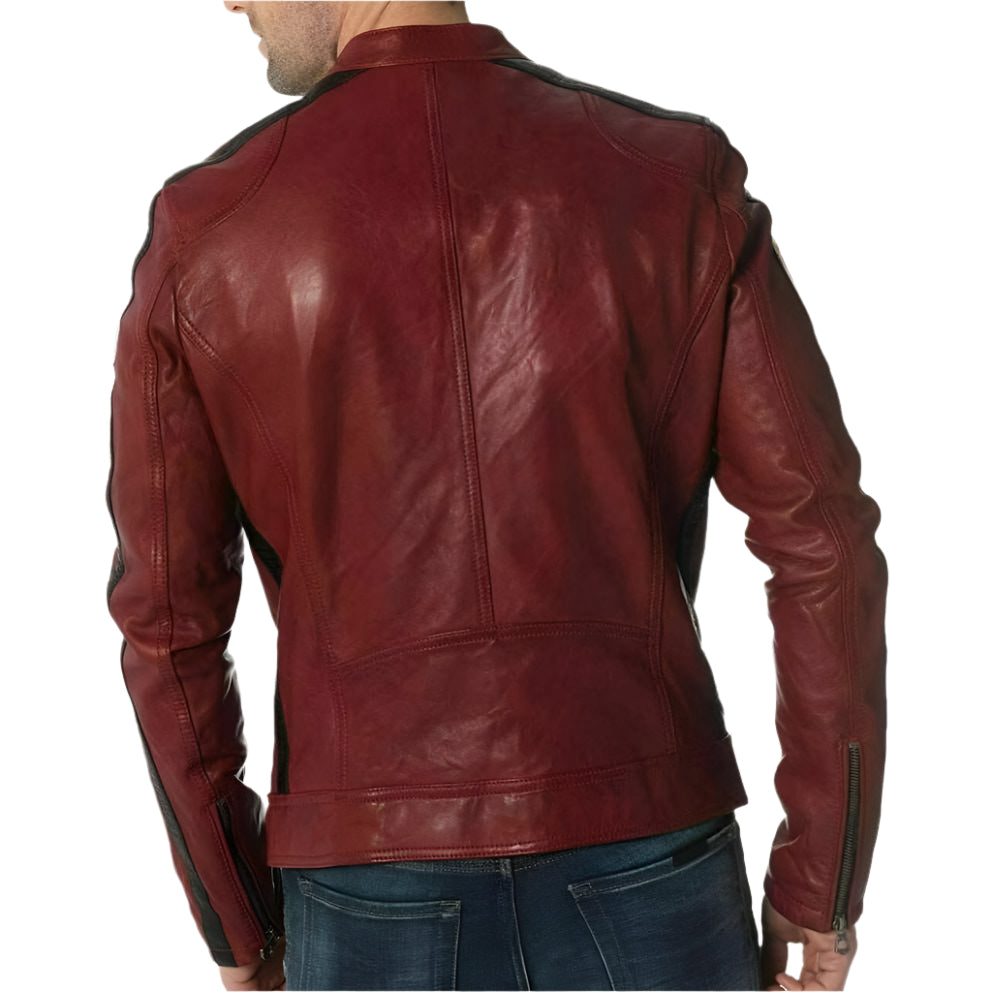 Designer Red Lambskin Leather Biker Jacket for Men - AMSEL LEATHERS