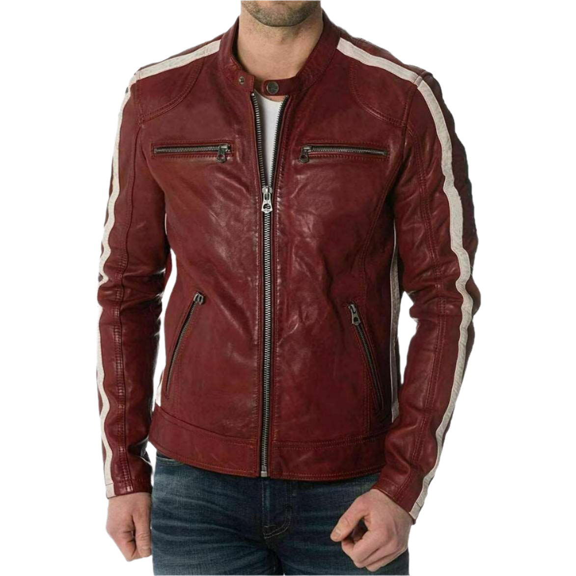 Designer Red Lambskin Leather Biker Jacket for Men - AMSEL LEATHERS