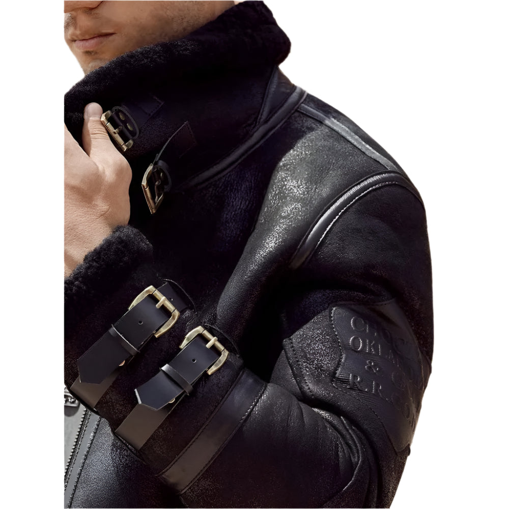 New Men's B3 Black Leather Sheepskin Shearling Bomber Jacket - AMSEL LEATHERS