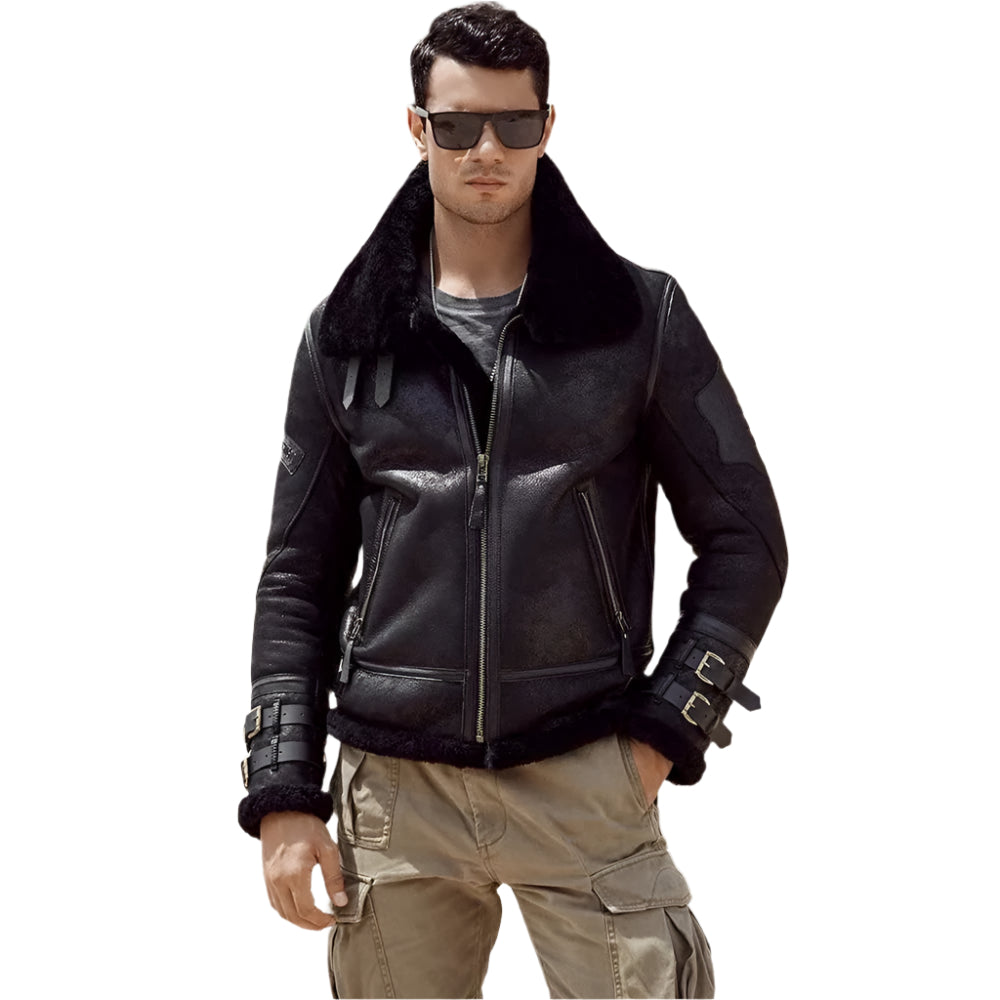 New Men's B3 Black Leather Sheepskin Shearling Bomber Jacket - AMSEL LEATHERS