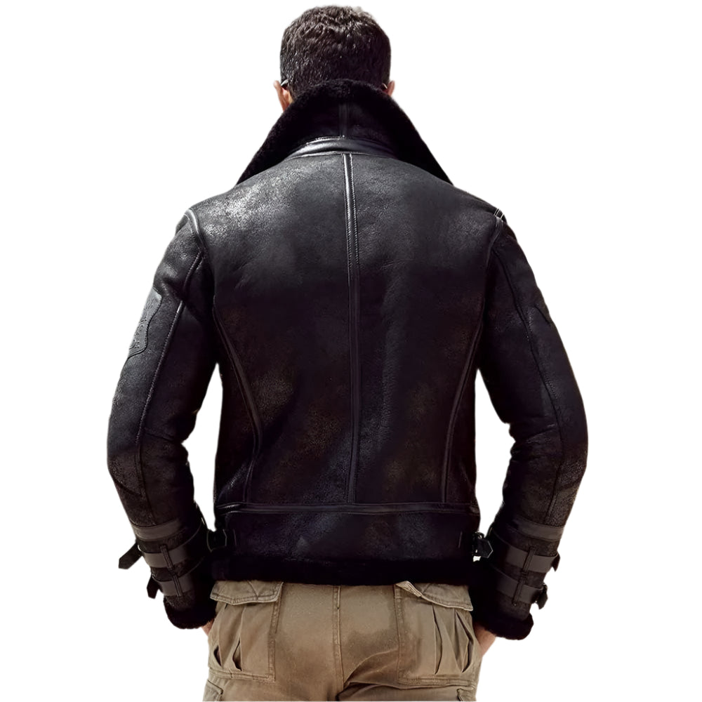 New Men's B3 Black Leather Sheepskin Shearling Bomber Jacket - AMSEL LEATHERS