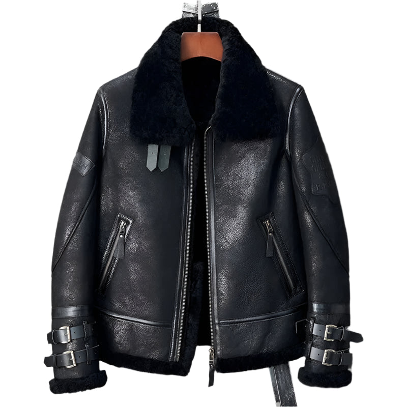 New Men's B3 Black Leather Sheepskin Shearling Bomber Jacket - AMSEL LEATHERS