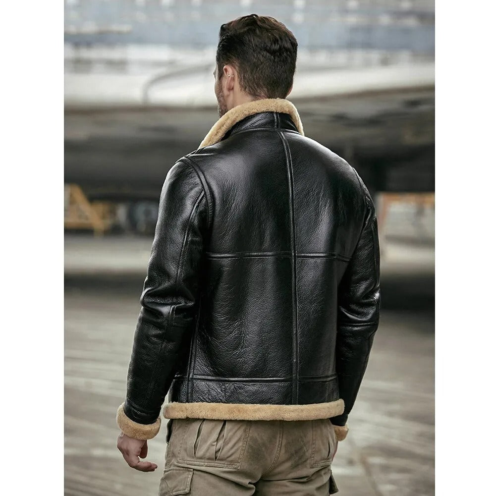 New Men's Black B3 Shearling Motorcycle Jacket - Sheepskin Fur Coat - AMSEL LEATHERS