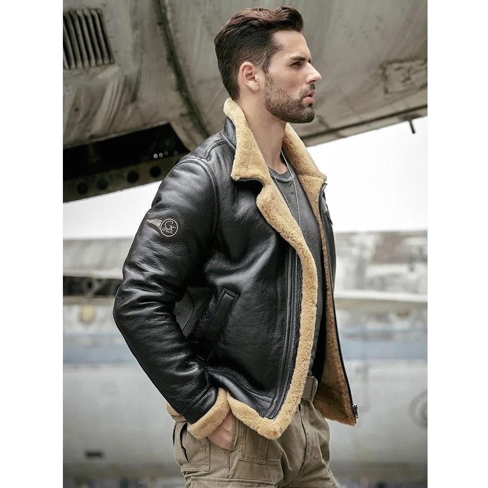 New Men's Black B3 Shearling Motorcycle Jacket - Sheepskin Fur Coat - AMSEL LEATHERS