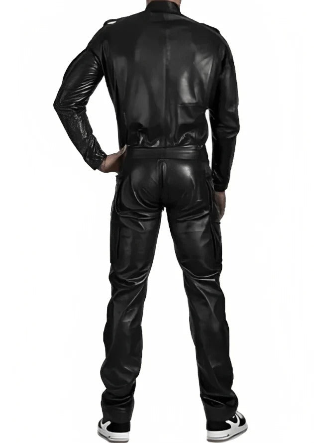 Men's Black Leather Jumpsuit with Straps - AMSEL LEATHERS