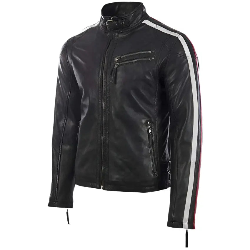 New Men's Black Leather Motorcycle Jacket with Red and White Stripes - AMSEL LEATHERS