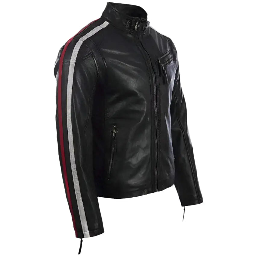 New Men's Black Leather Motorcycle Jacket with Red and White Stripes - AMSEL LEATHERS