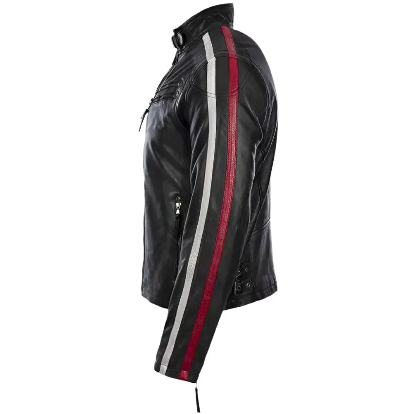 New Men's Black Leather Motorcycle Jacket with Red and White Stripes - AMSEL LEATHERS