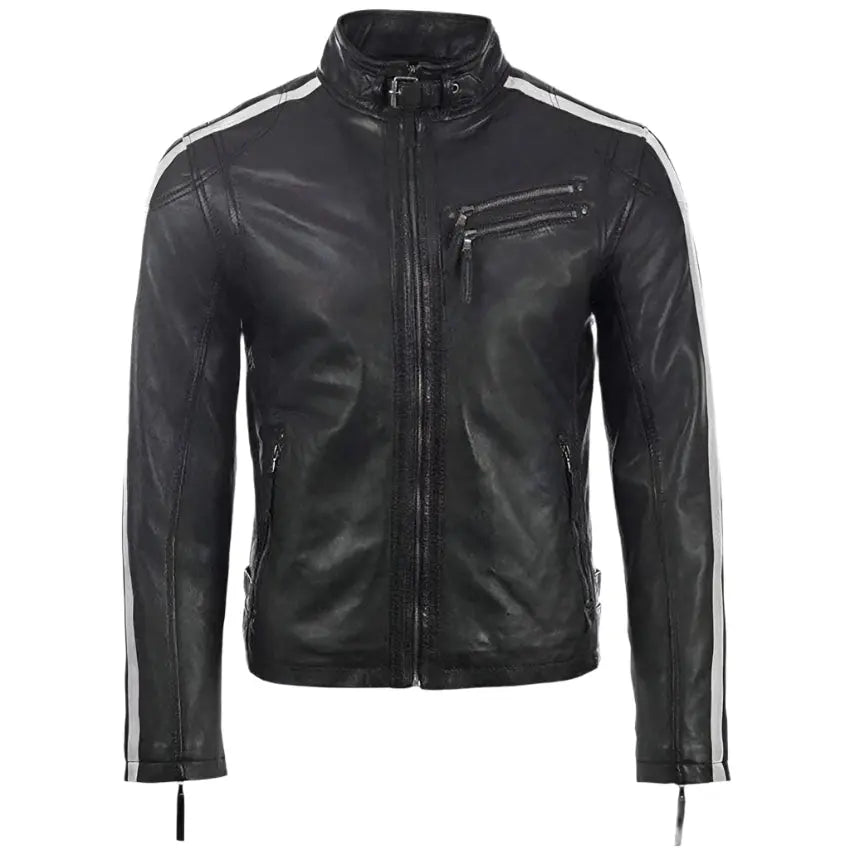 New Men's Black Leather Motorcycle Jacket with Red and White Stripes - AMSEL LEATHERS