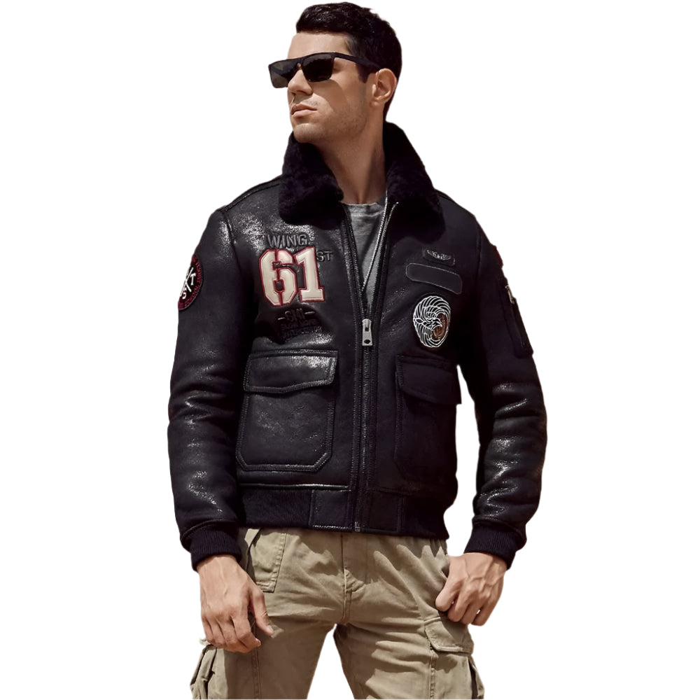 New Men's Black Sheepskin Shearling Flight Jacket - AMSEL LEATHERS