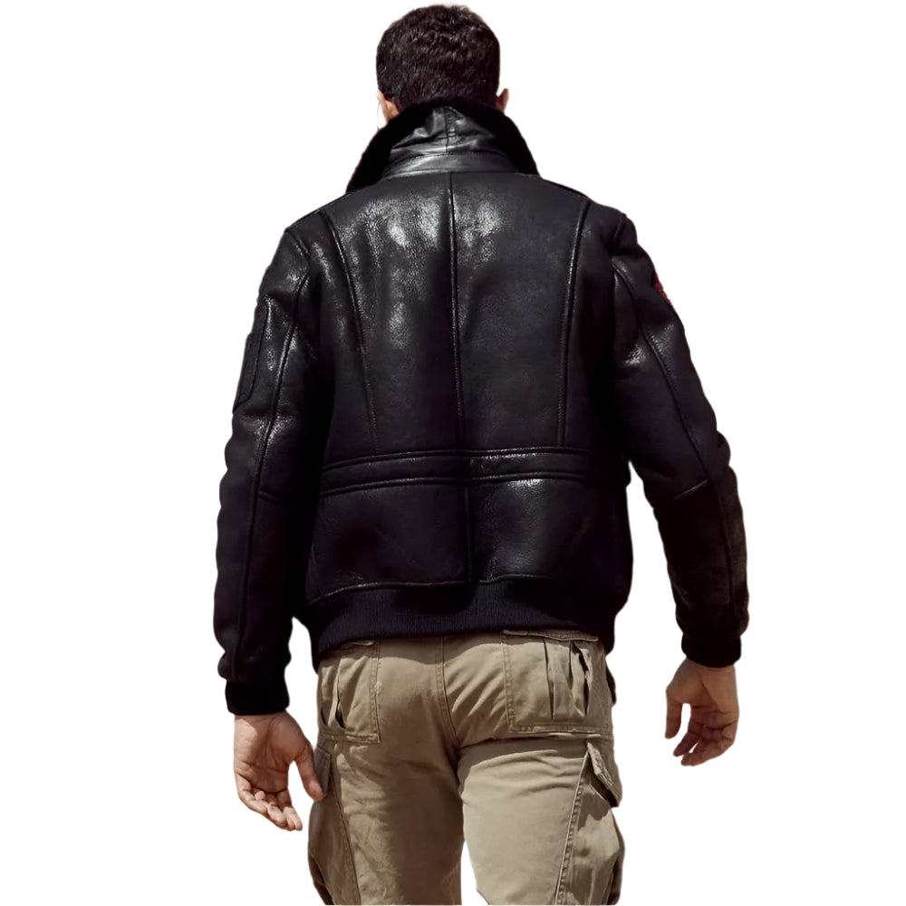 New Men's Black Sheepskin Shearling Flight Jacket - AMSEL LEATHERS