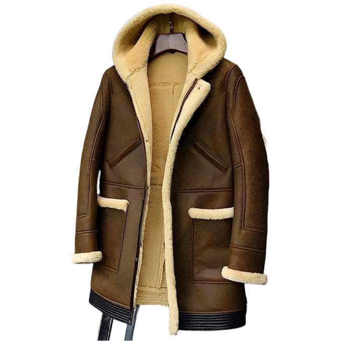 New Men's Hooded Shearling Sheepskin Coat - Long Fur Luxury - AMSEL LEATHERS