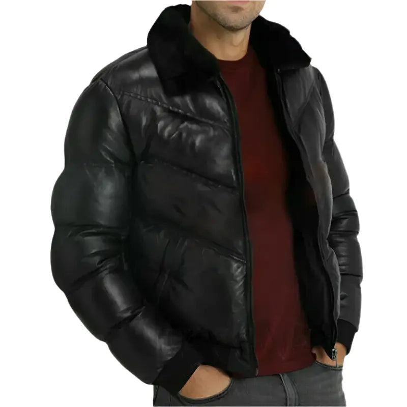 New Men's Genuine Lamb Skin Leather Puffer Jacket with Fur Collar - AMSEL LEATHERS