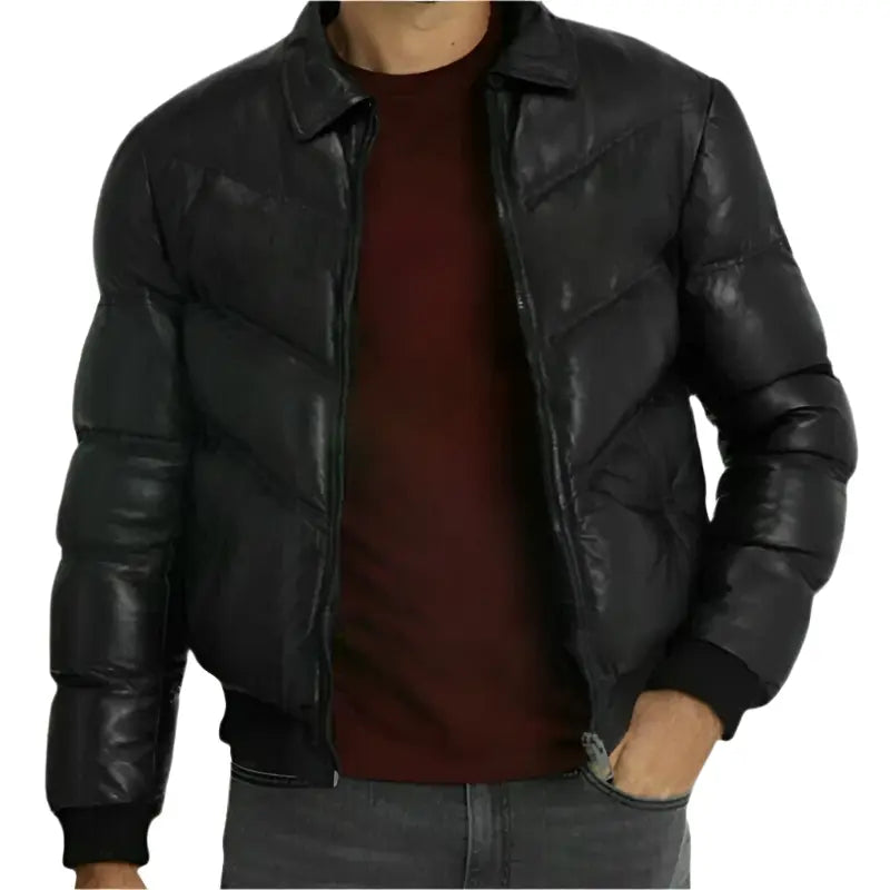 New Men's Genuine Lamb Skin Leather Puffer Jacket with Fur Collar - AMSEL LEATHERS