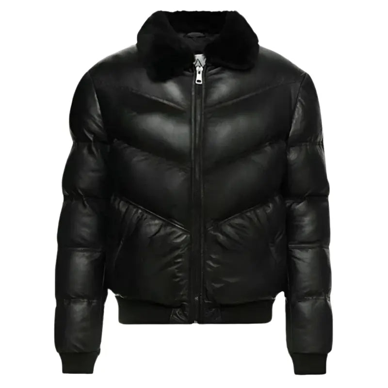 New Men's Genuine Lamb Skin Leather Puffer Jacket with Fur Collar - AMSEL LEATHERS