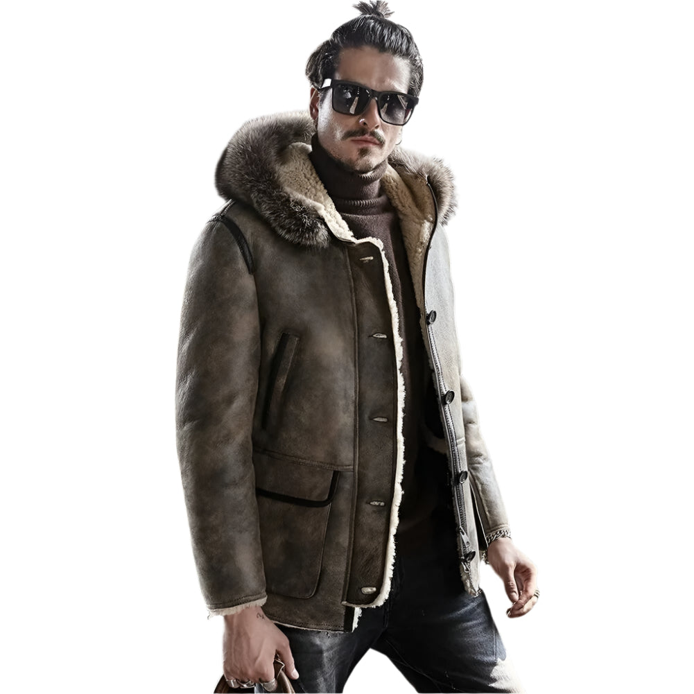 New Men's Hooded Sheepskin Shearling Coat with Raccoon Fur Collar - AMSEL LEATHERS