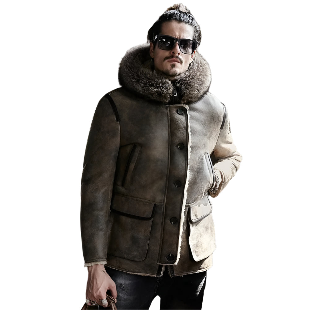 New Men's Hooded Sheepskin Shearling Coat with Raccoon Fur Collar - AMSEL LEATHERS