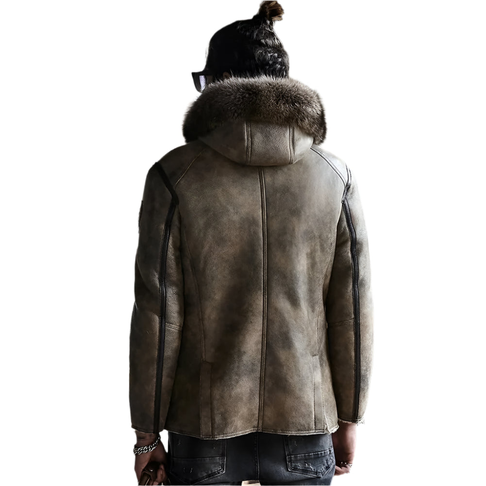 New Men's Hooded Sheepskin Shearling Coat with Raccoon Fur Collar - AMSEL LEATHERS