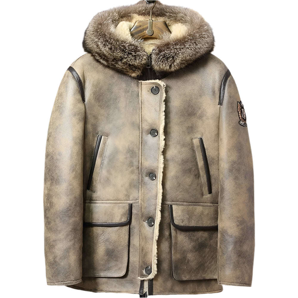 New Men's Hooded Sheepskin Shearling Coat with Raccoon Fur Collar - AMSEL LEATHERS