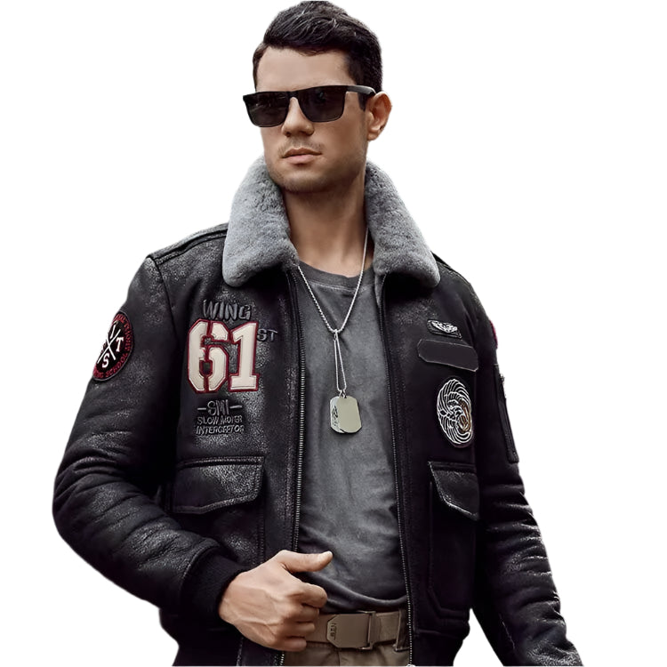 New Men's Short Gray Sheepskin Shearling Flight Jacket - AMSEL LEATHERS