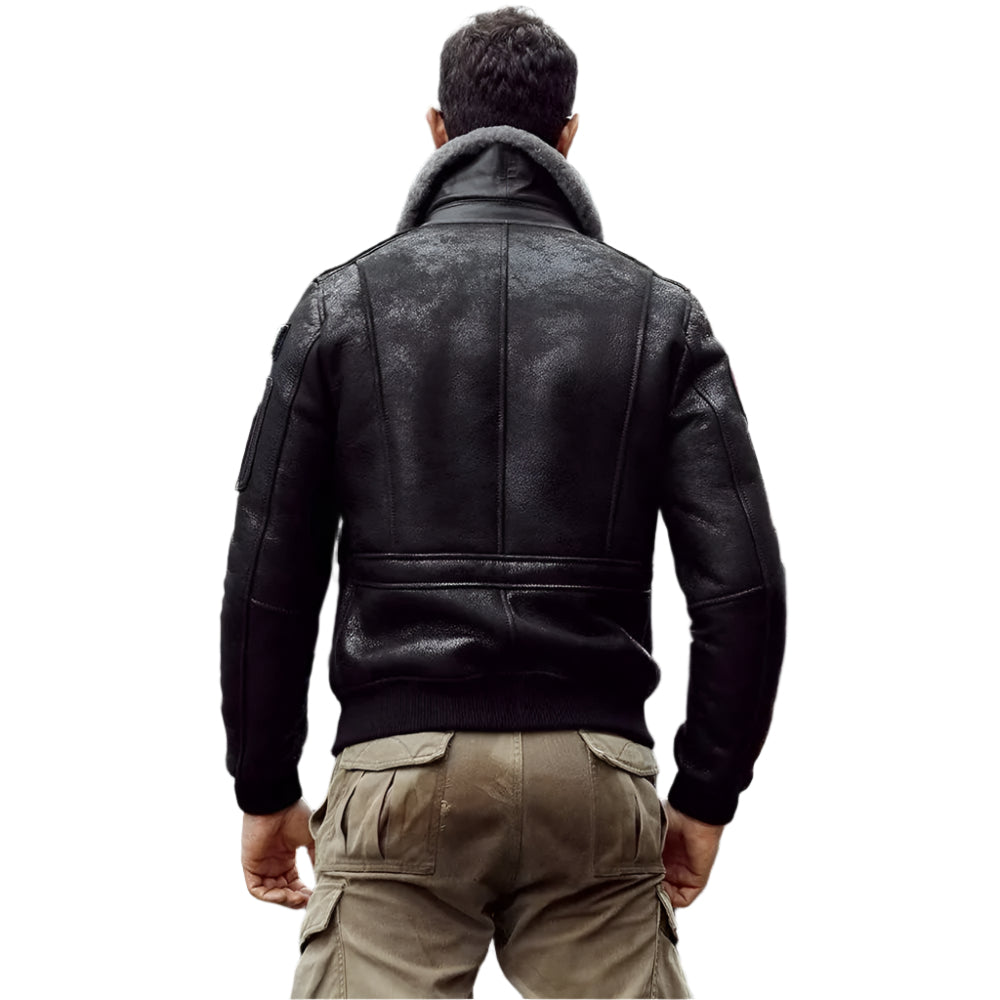 New Men's Short Gray Sheepskin Shearling Flight Jacket - AMSEL LEATHERS