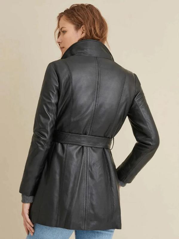 Women's Black Plain Leather Coat - AMSEL LEATHERS