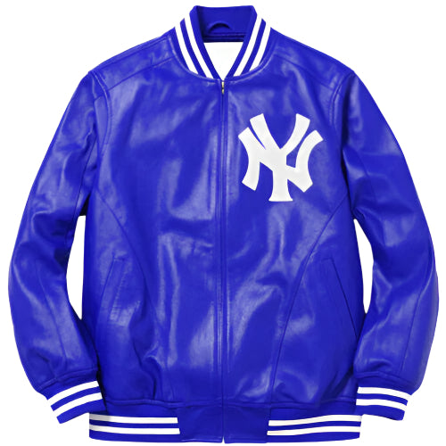 NY Yankees Letterman Varsity Leather Jacket - Blue with Logo Patches - AMSEL LEATHERS