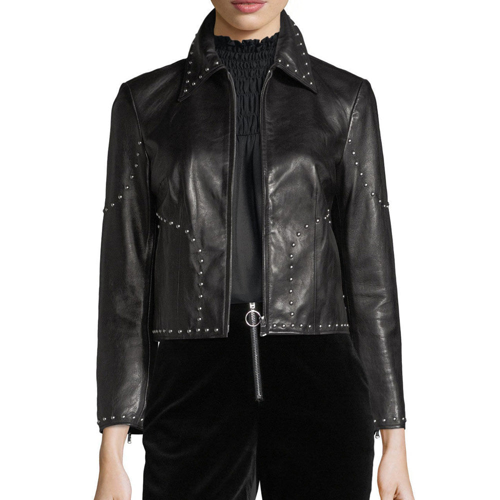 Stylish Studded Cropped Front Zip Women's Genuine Lambskin Leather biker Jacket - AMSEL LEATHERS