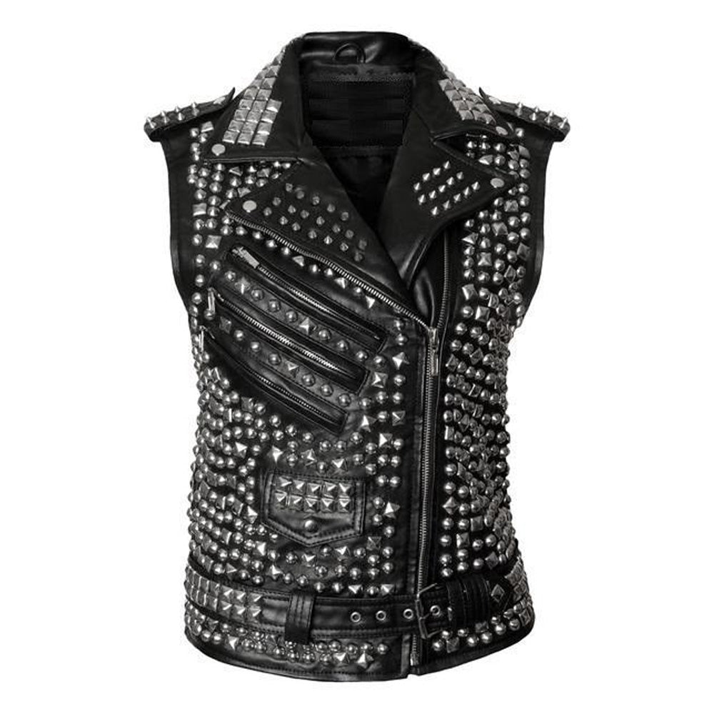 Mens Studded Leather VEST Silver Studs Biker Zipper Pocket - AMSEL LEATHERS