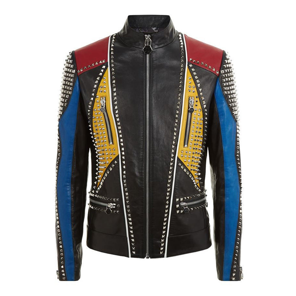 Men Handmade Multi color Philipp Full Studded Leather Jacket - AMSEL LEATHERS