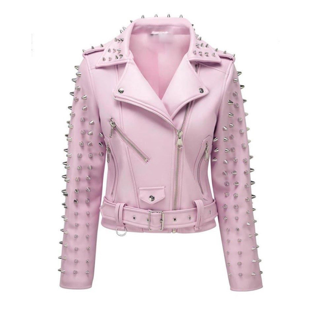 Hot Pink Studs Leather Jacket - AMSEL LEATHERS