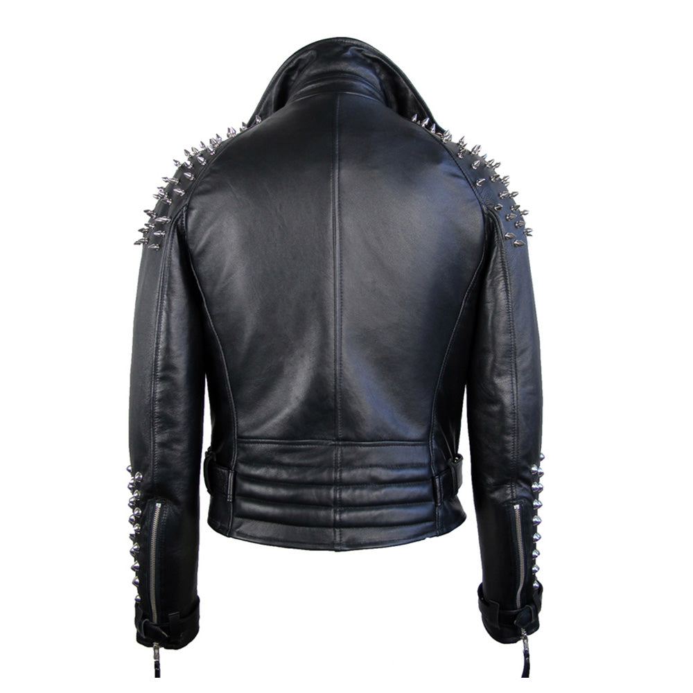 Men Classic Black Half Spiked Studded Zip Up Leather Jacket - AMSEL LEATHERS