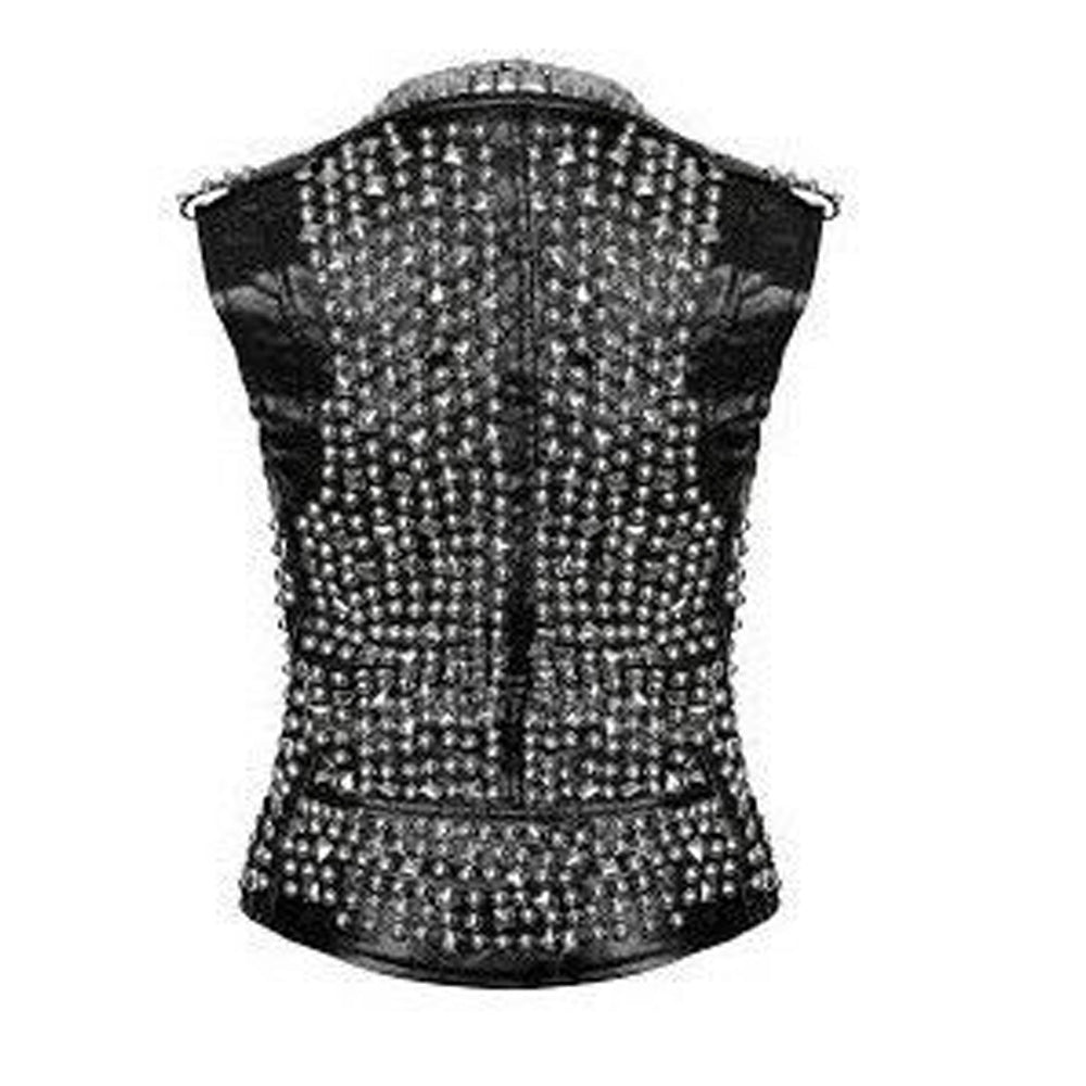 Mens Studded Leather VEST Silver Studs Biker Zipper Pocket - AMSEL LEATHERS