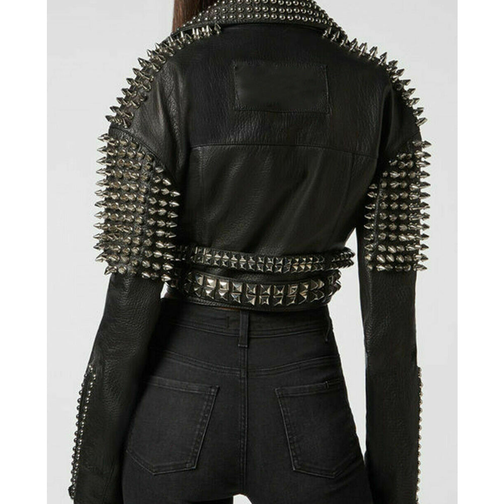 Women Silver Studs Short Body Leather Jacket - AMSEL LEATHERS