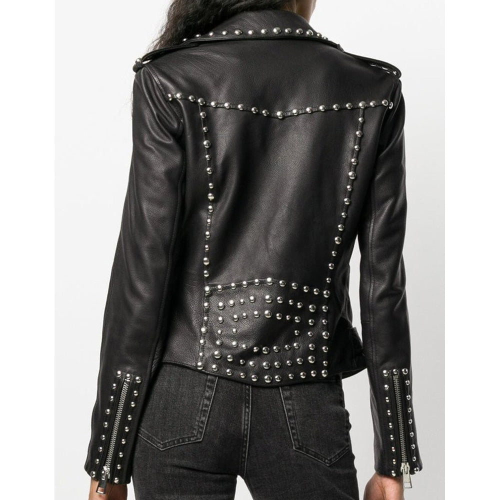 Silver Studs Black Leather Brando Jacket Women - AMSEL LEATHERS