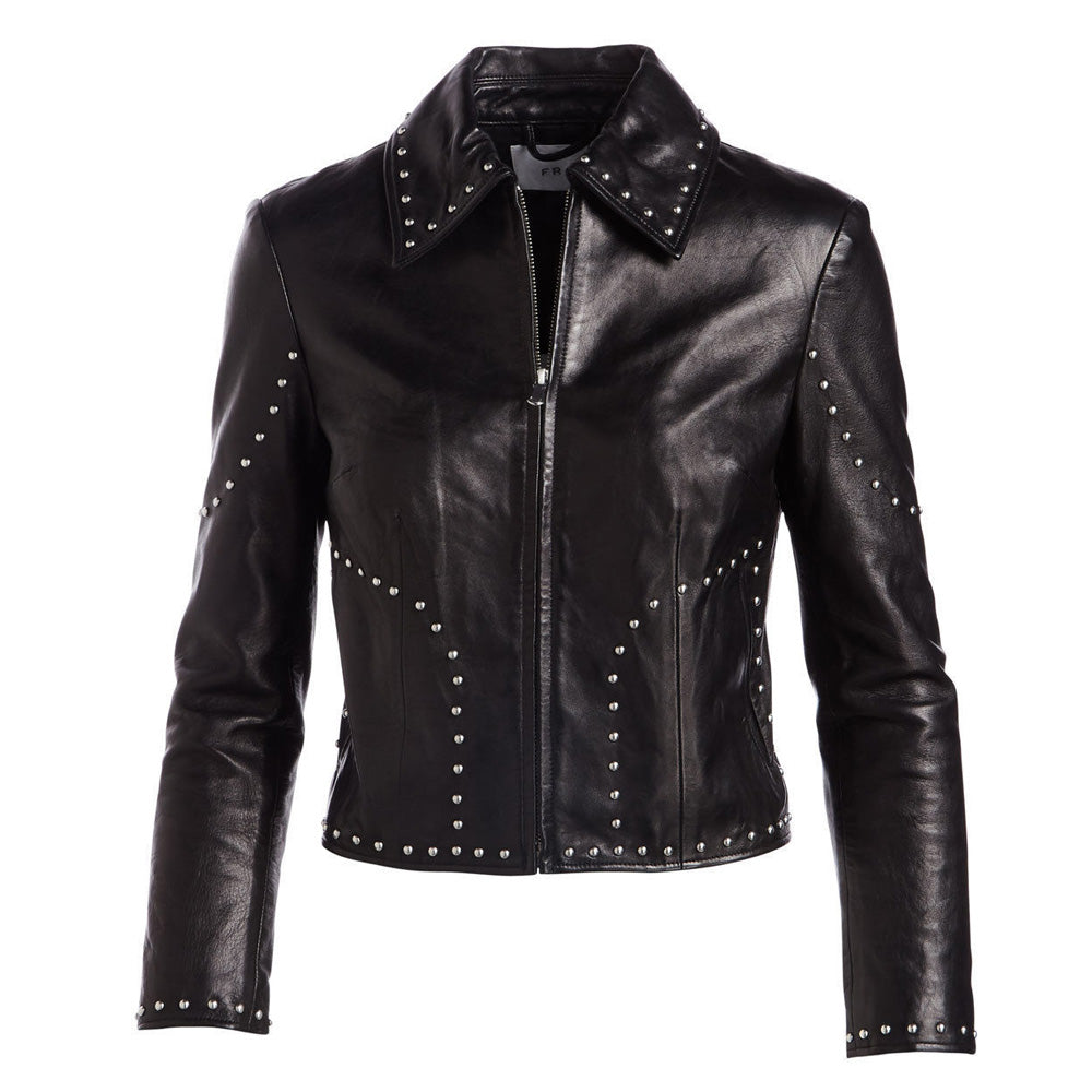 Stylish Studded Cropped Front Zip Women's Genuine Lambskin Leather biker Jacket - AMSEL LEATHERS