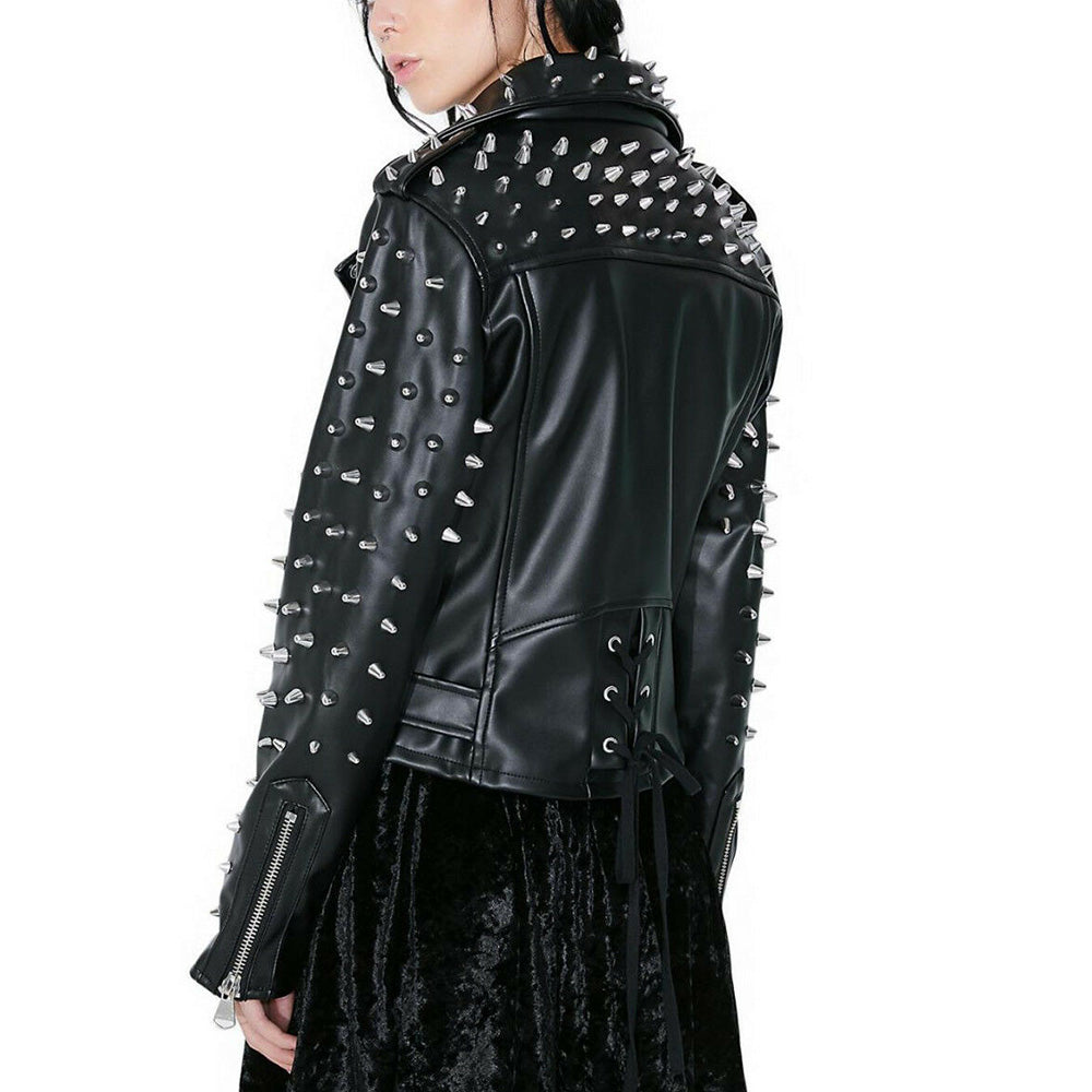 Women's Black Color Biker Genuine Leather Silver Spike Studded Belted Jacket - AMSEL LEATHERS