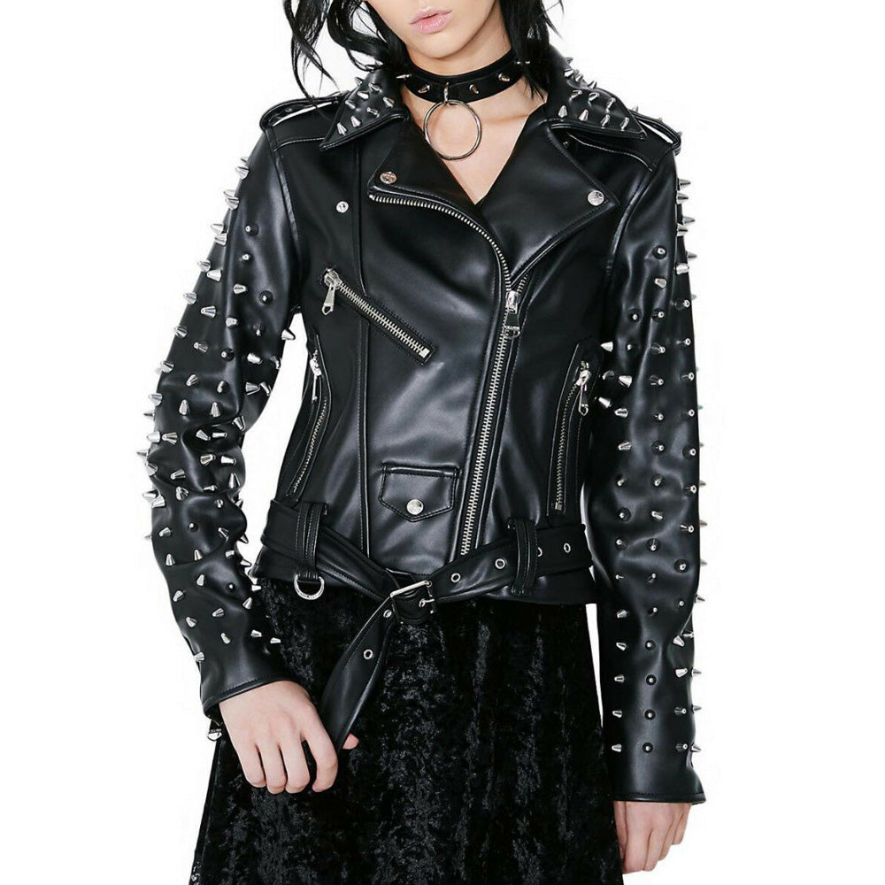 Women's Black Color Biker Genuine Leather Silver Spike Studded Belted Jacket - AMSEL LEATHERS