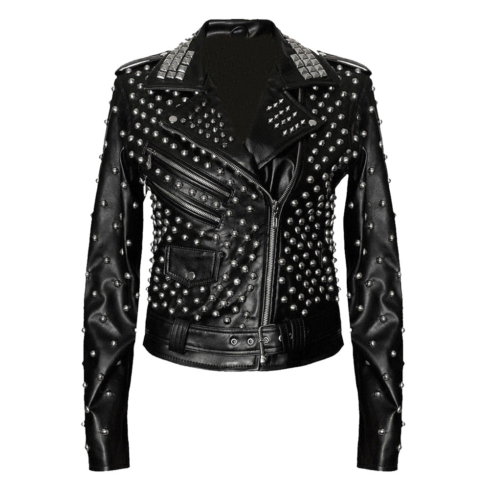 Women Black Brando Leather Jacket With Silver Studs - AMSEL LEATHERS