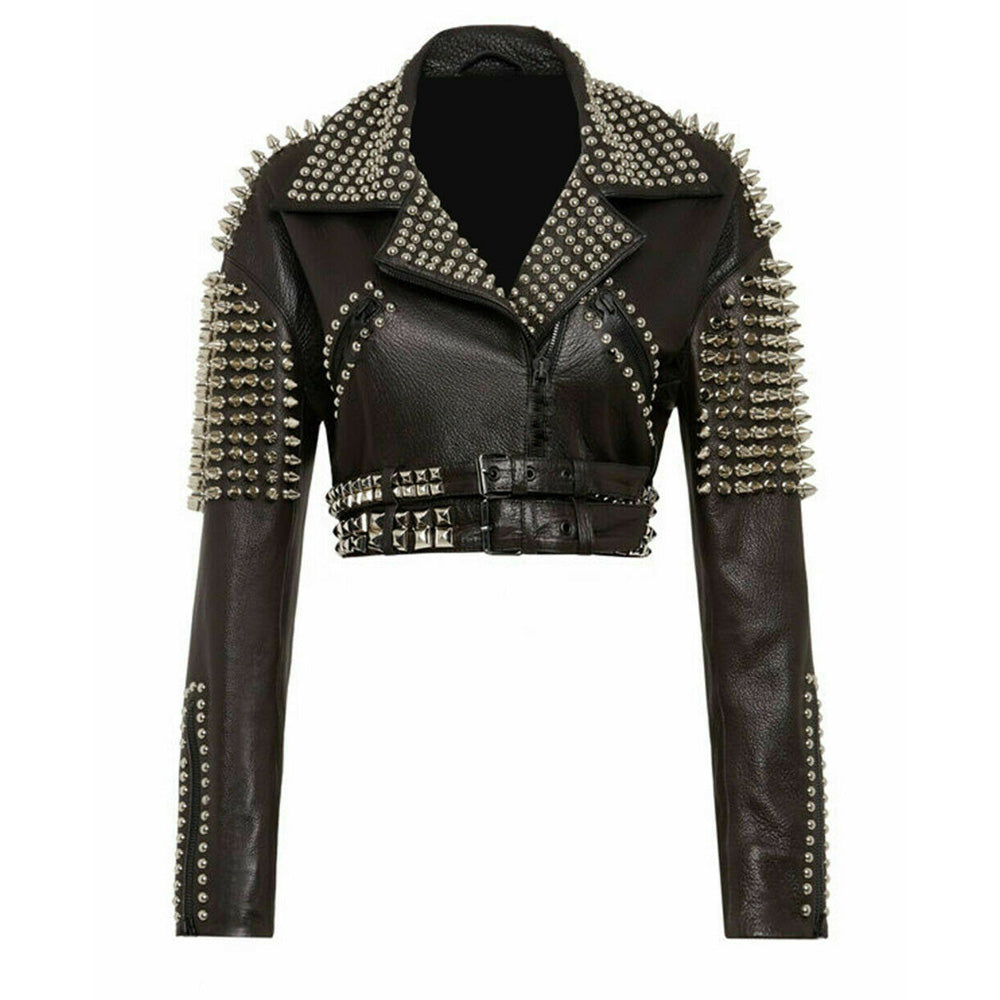 Women Silver Studs Short Body Leather Jacket - AMSEL LEATHERS