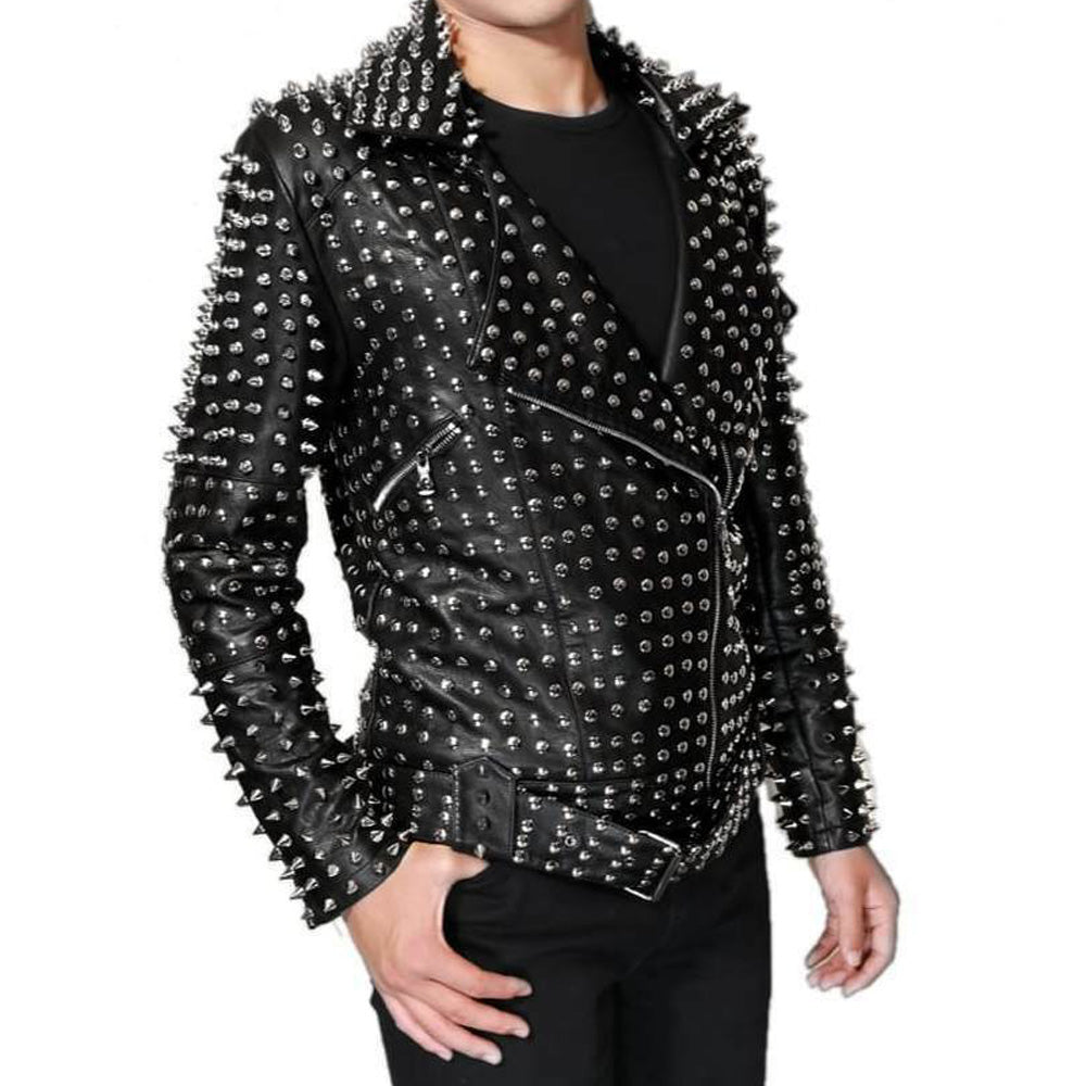 Men's Lambskin leather jacket Full Silver studded - AMSEL LEATHERS