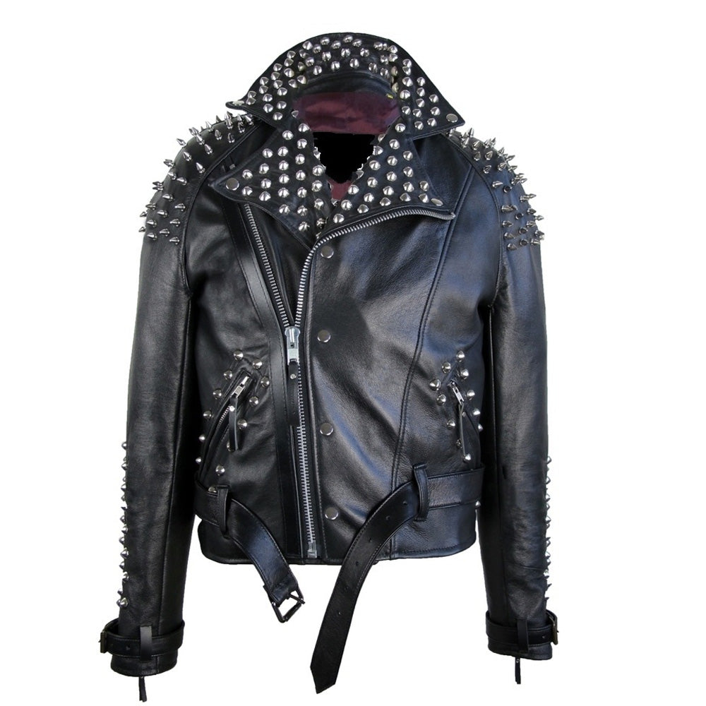 Men Classic Black Half Spiked Studded Zip Up Leather Jacket - AMSEL LEATHERS