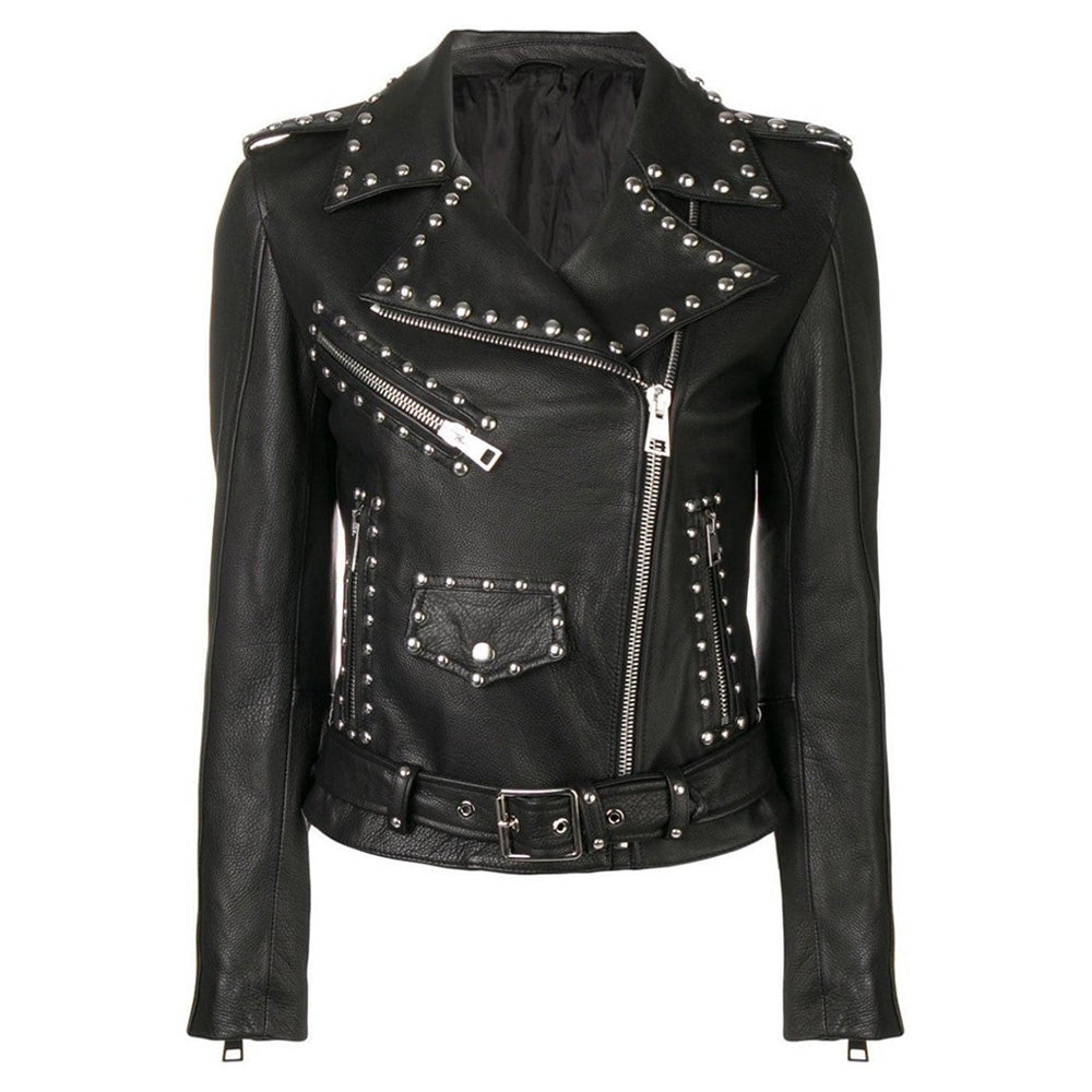 Silver Studs Black Leather Brando Jacket Women - AMSEL LEATHERS