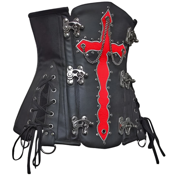 Olesya Blood Crossed Black Faux Leather Underbust Corset - AMSEL LEATHERS