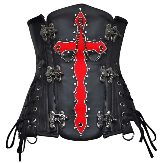 Olesya Blood Crossed Black Faux Leather Underbust Corset - AMSEL LEATHERS