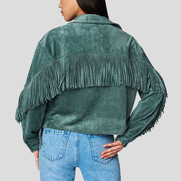 Women's Olive Suede Leather Fringe Shirt Jacket - AMSEL LEATHERS