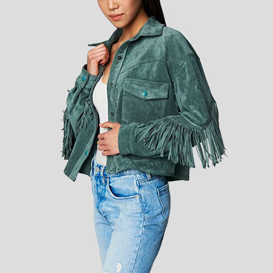 Women's Olive Suede Leather Fringe Shirt Jacket - AMSEL LEATHERS