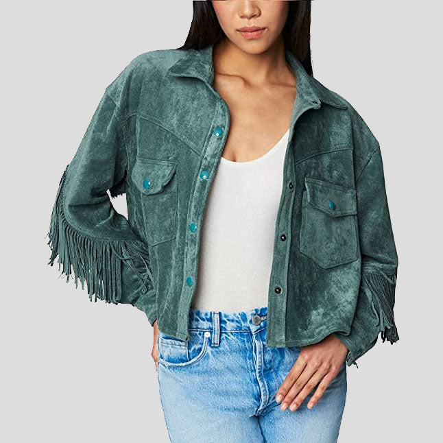 Women's Olive Suede Leather Fringe Shirt Jacket - AMSEL LEATHERS