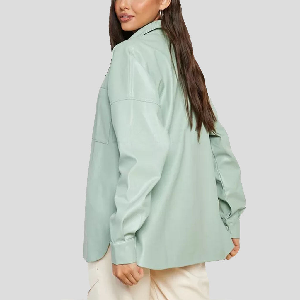 Pastel Green Oversized Leather Shirt for Women - AMSEL LEATHERS