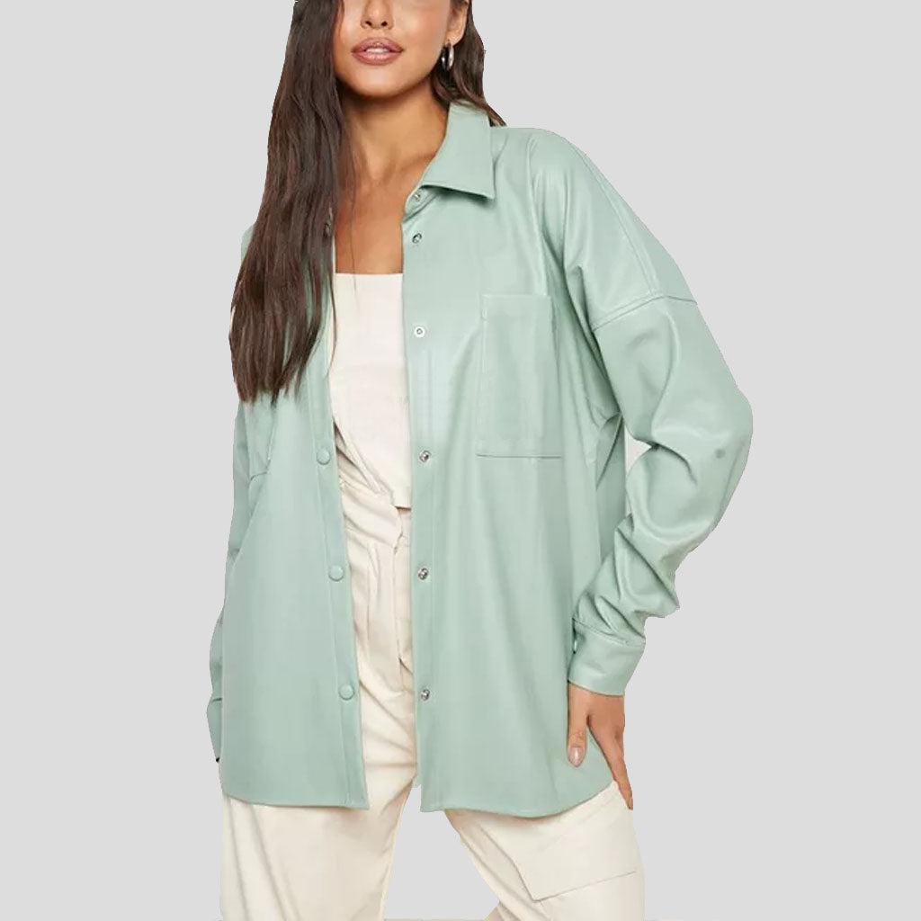 Pastel Green Oversized Leather Shirt for Women - AMSEL LEATHERS